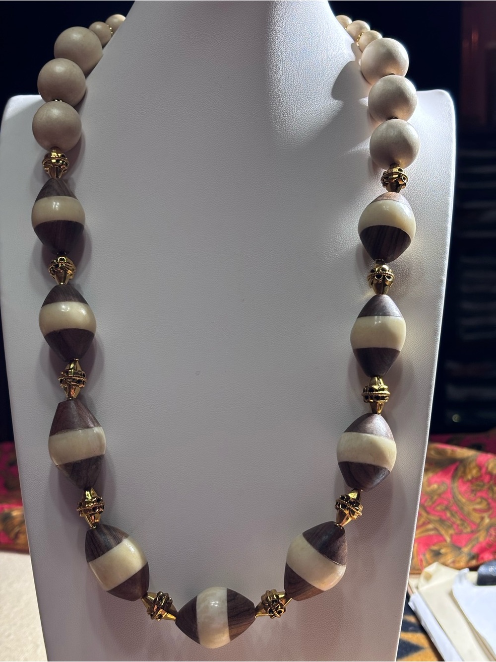 Handmade Two-Tone Wood Bead Necklace in Cream and Brown gold accents 27 inches